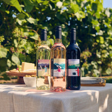 Load image into Gallery viewer, Three wine bottles on a table with a vineyard background
