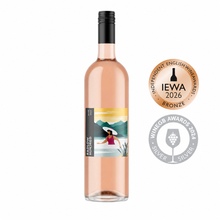 Load image into Gallery viewer, Bottle of Rosé wine with a label featuring a woman in a hat and a scenic design, alongside two awards on a white background.
